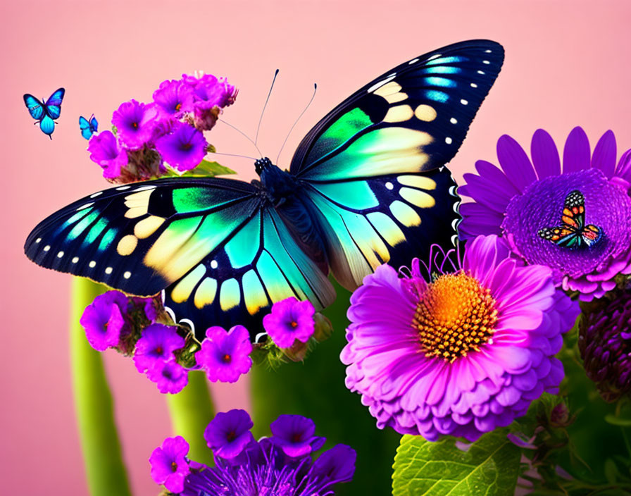 Blue butterfly on pink flowers with smaller butterflies - Vibrant nature scene