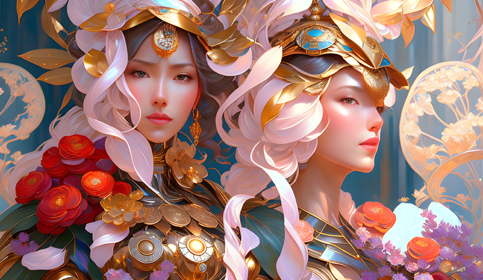 Ethereal women with golden headdresses in celestial setting