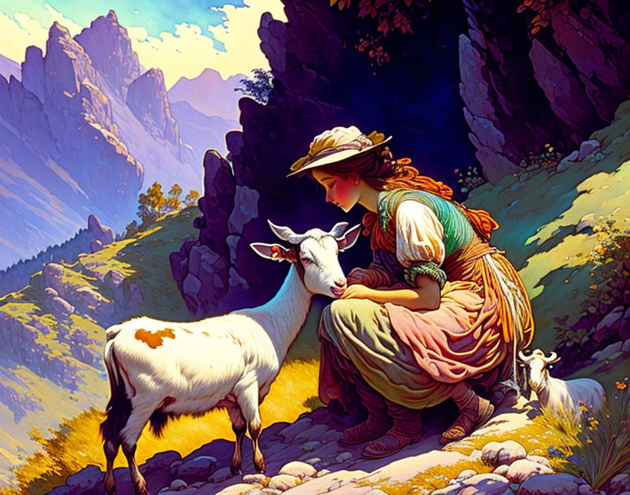 Woman in vintage attire with goat and kid in sunny mountain landscape