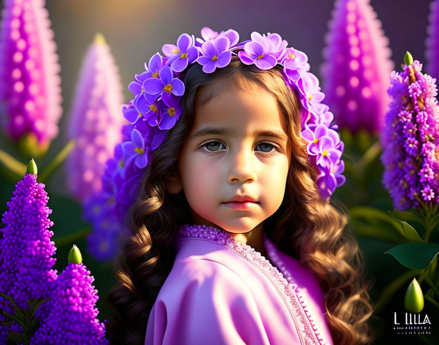 Young girl with purple flower wreath in lupine field portrait.