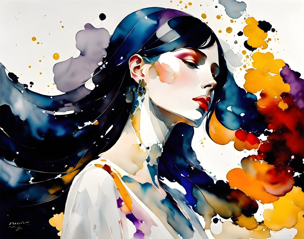 Vibrant Abstract Painting of Woman with Colorful Splashes