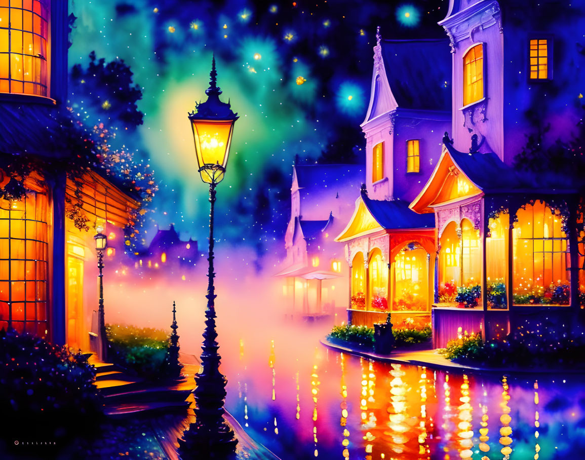 Colorful Night Scene with Glowing Lamps & Starry Sky