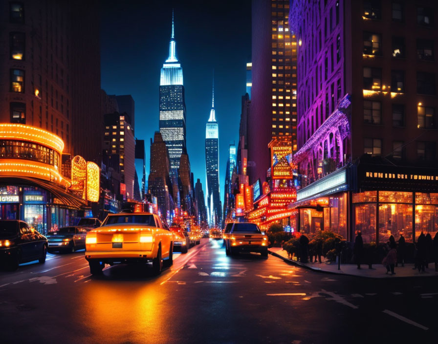 City street at dusk: neon signs, cars, iconic skyscraper skyline