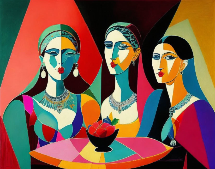 Colorful geometric female figures around table with fruit bowl