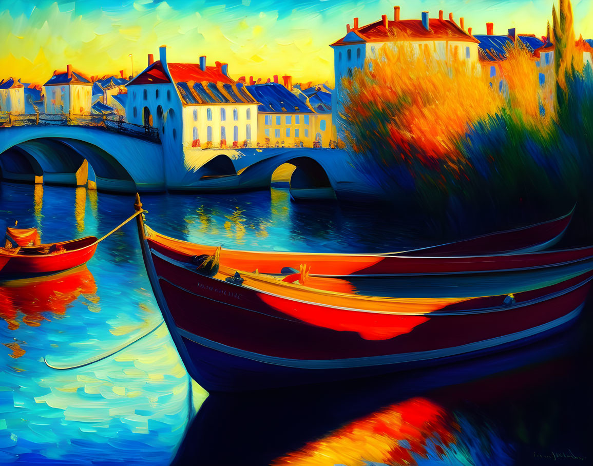 Colorful boats on calm river with arched bridge and buildings in vibrant painting