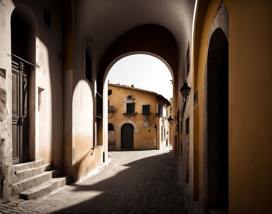 European Old Town: Arched Passageway, Cobblestone Street, Ochre Walls