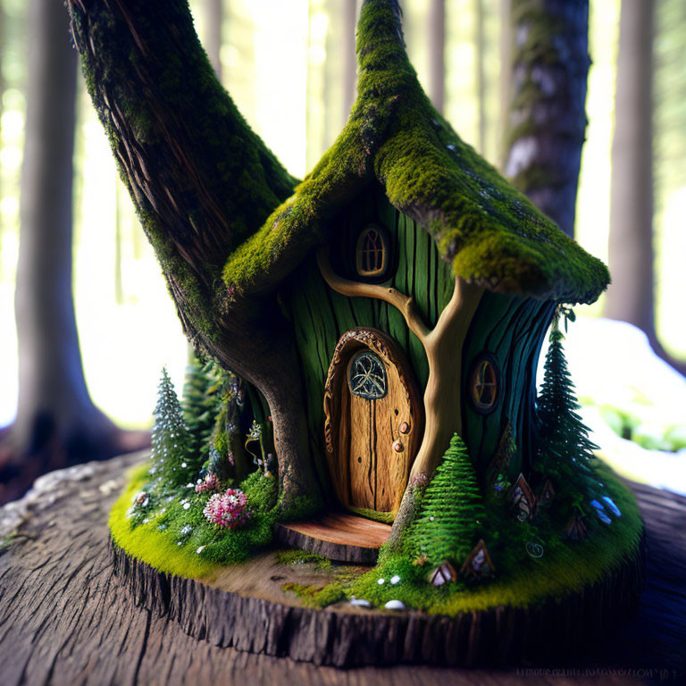 Miniature mossy roof house in twisted tree with tiny trees and flowers