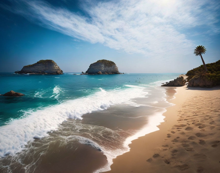 Idyllic Tropical Beach Scene with Palm Tree and Islands