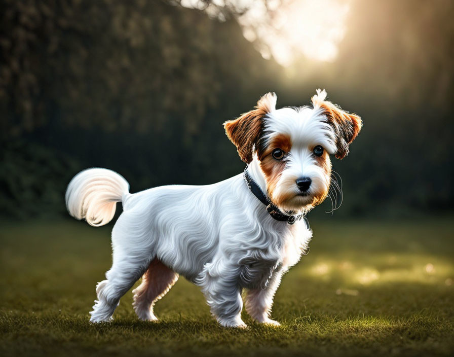 Fluffy White and Tan Dog Standing on Grass