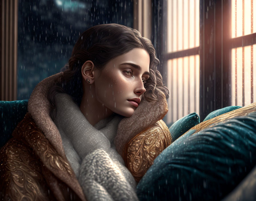 Pensive woman under cozy blanket looks out rainy windowpane