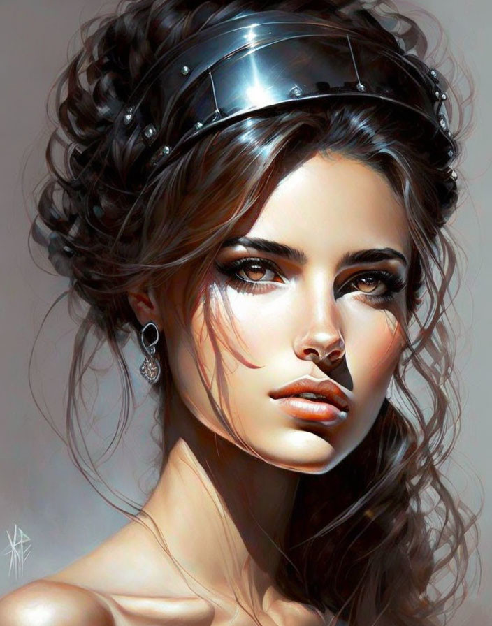 Digital painting of woman with intense gaze, metallic headband, luminous skin, wavy hair