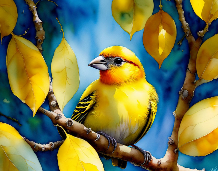 Colorful bird perched on branch among autumn leaves and blue backdrop