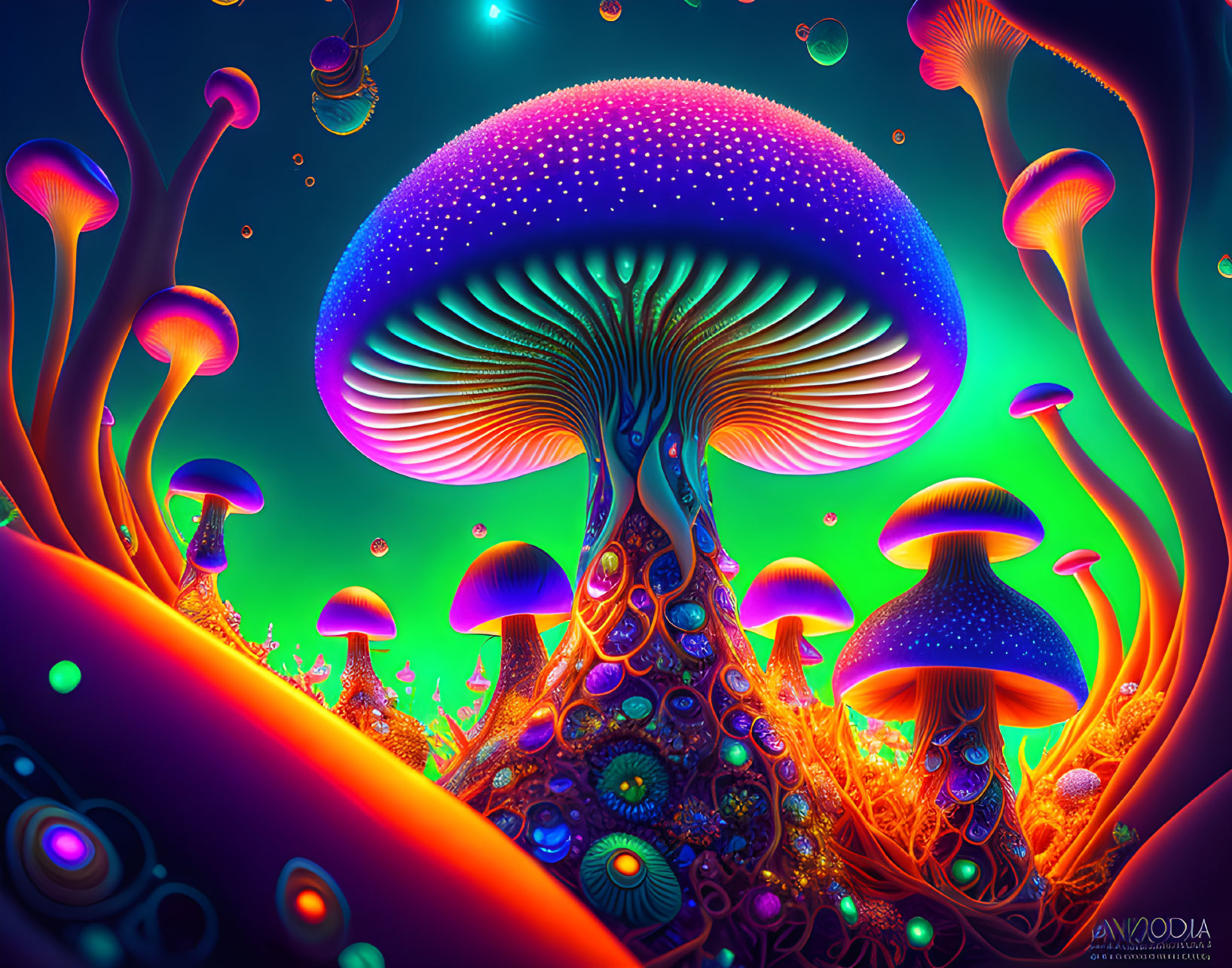 Psychedelic mushroom landscape with neon colors and intricate patterns