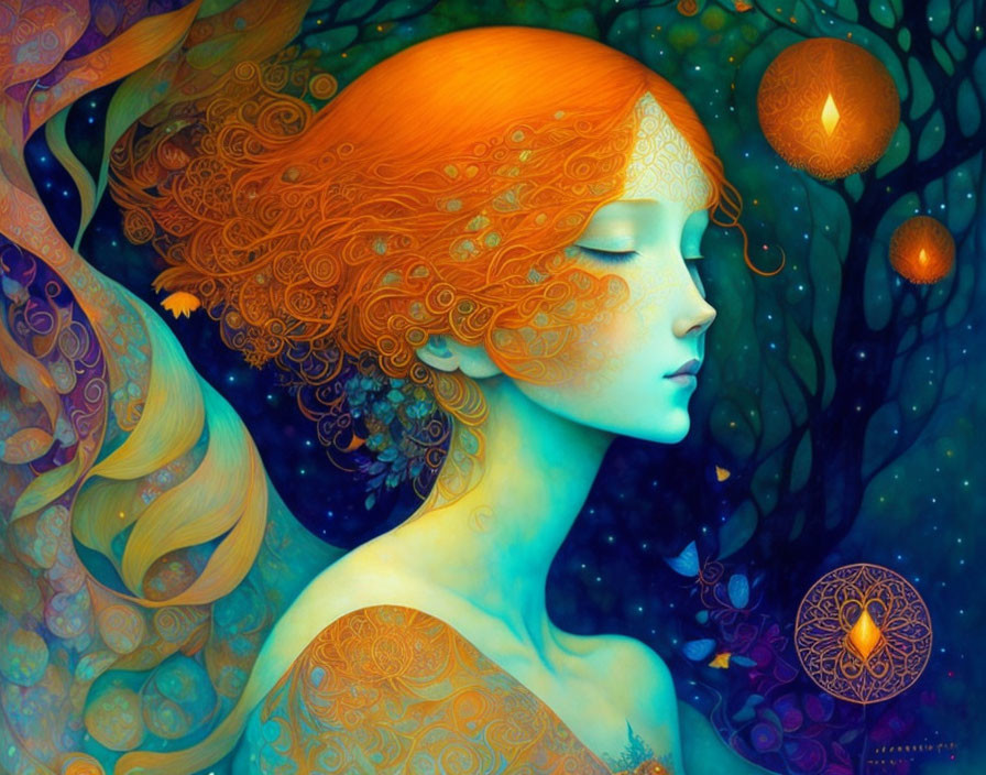 Serene woman with fiery orange hair in mystical blue setting