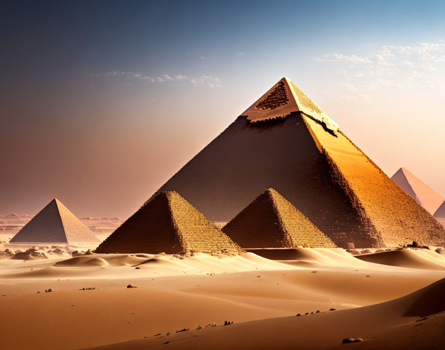 Great Pyramid of Giza with polished capstone in desert setting