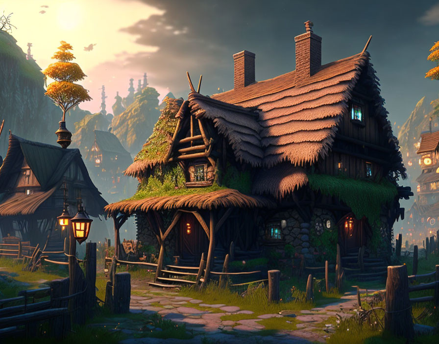 Thatched Roof Cottage in Idyllic Village at Dusk