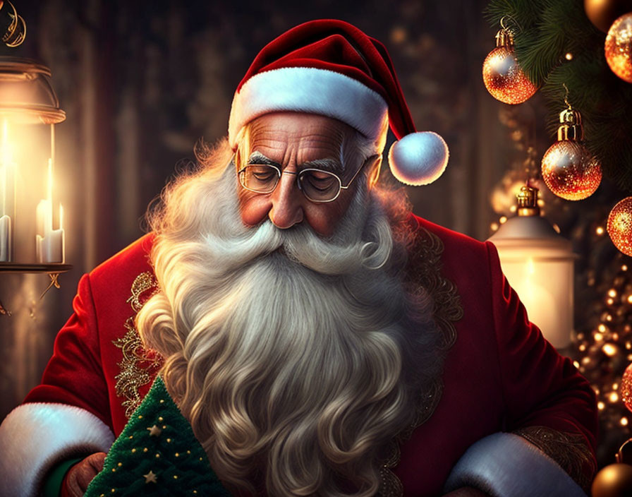 Illustration of Santa Claus with white beard and glasses near Christmas tree.