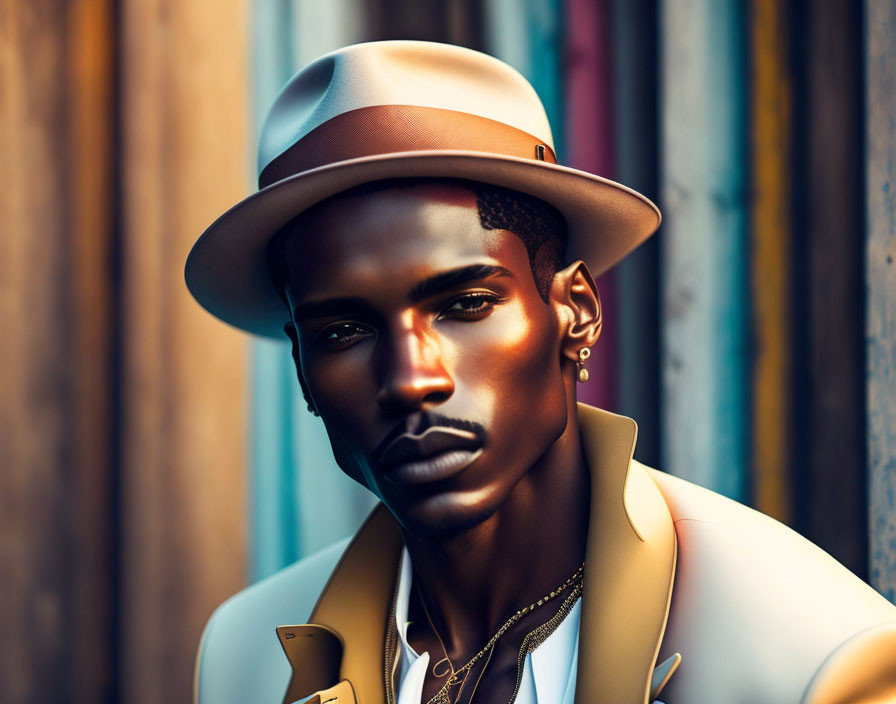 Fashionable man with hat, beard, and earring on vibrant wood backdrop