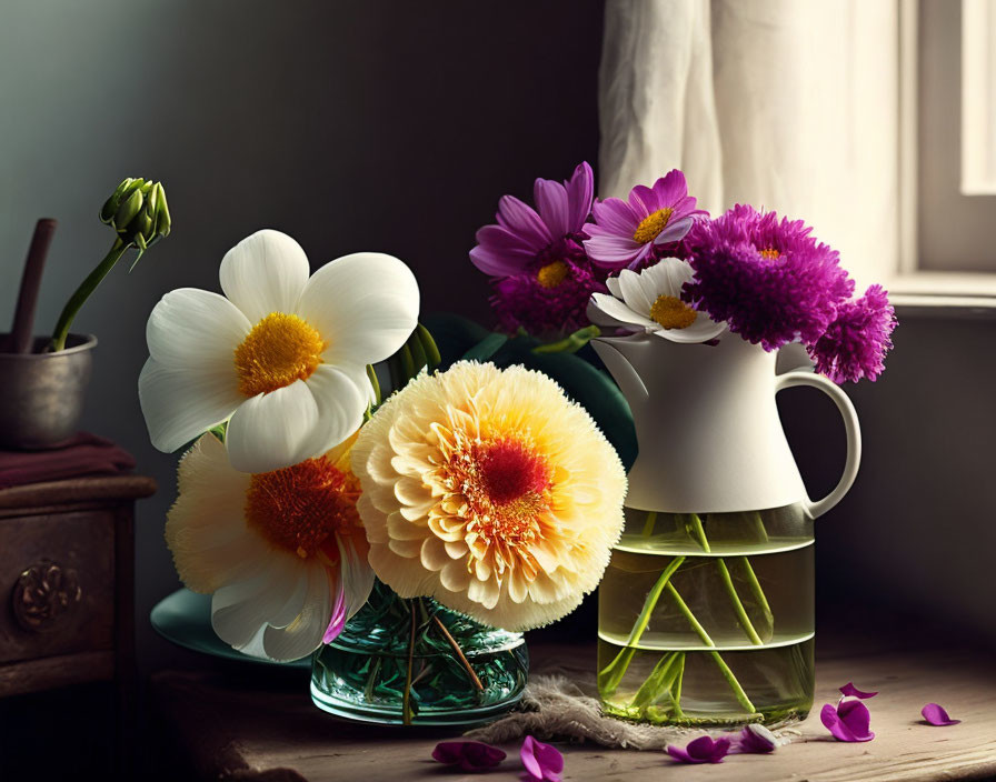 Colorful flowers in glass vases on wooden surface with petals and soft light