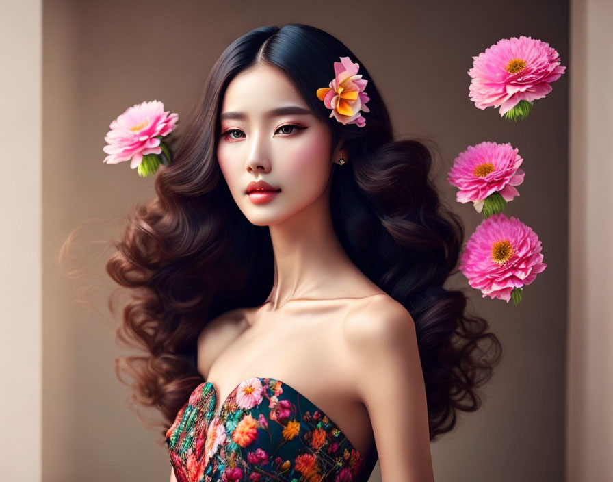 Illustrated woman with wavy hair and pink flowers on soft brown backdrop