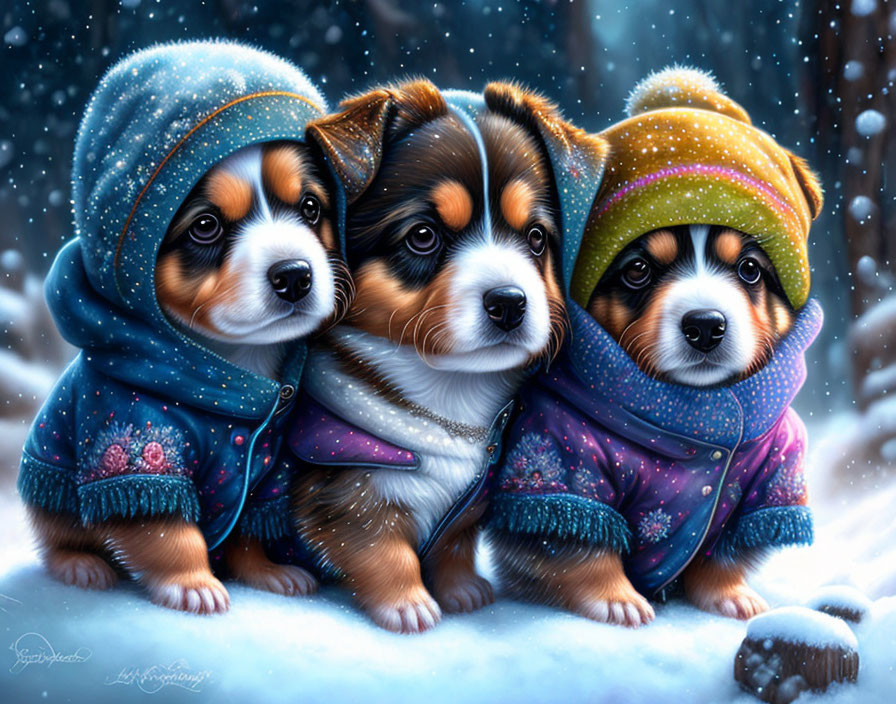 Three adorable puppies in winter coats sitting in snowfall