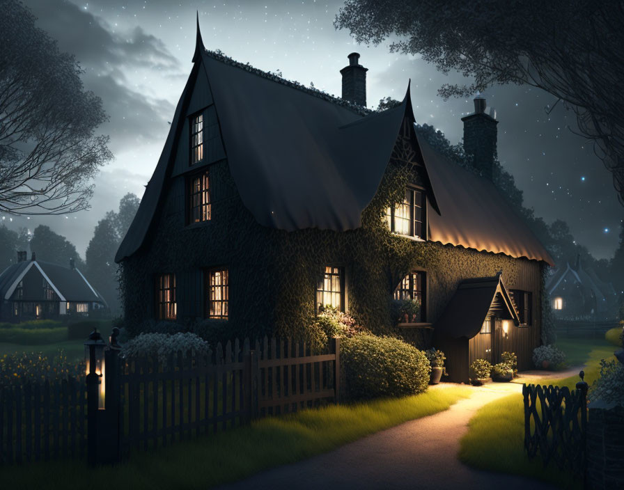 Ivy-covered house at night with warm light and starry sky