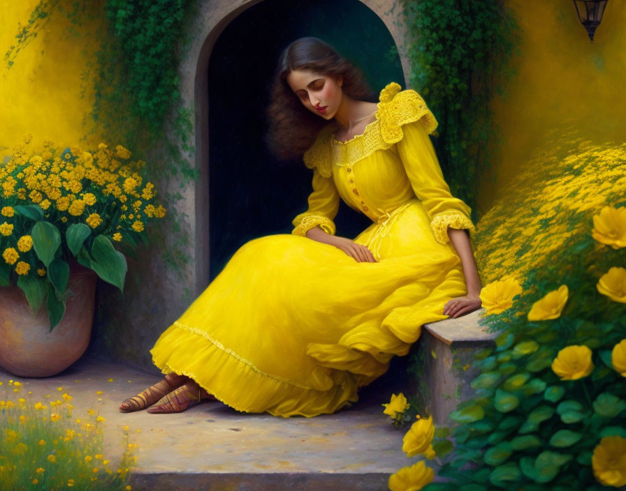 Woman in Yellow Dress Sitting by Stone Steps and Flowers with Archway