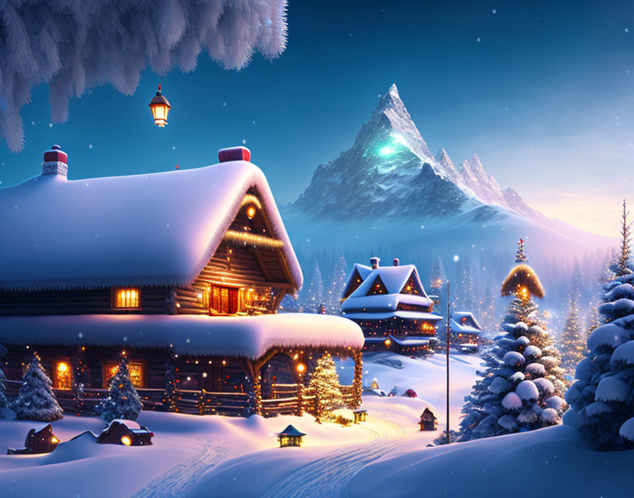 Snow-covered winter village with glowing houses, pine trees, and starlit mountain