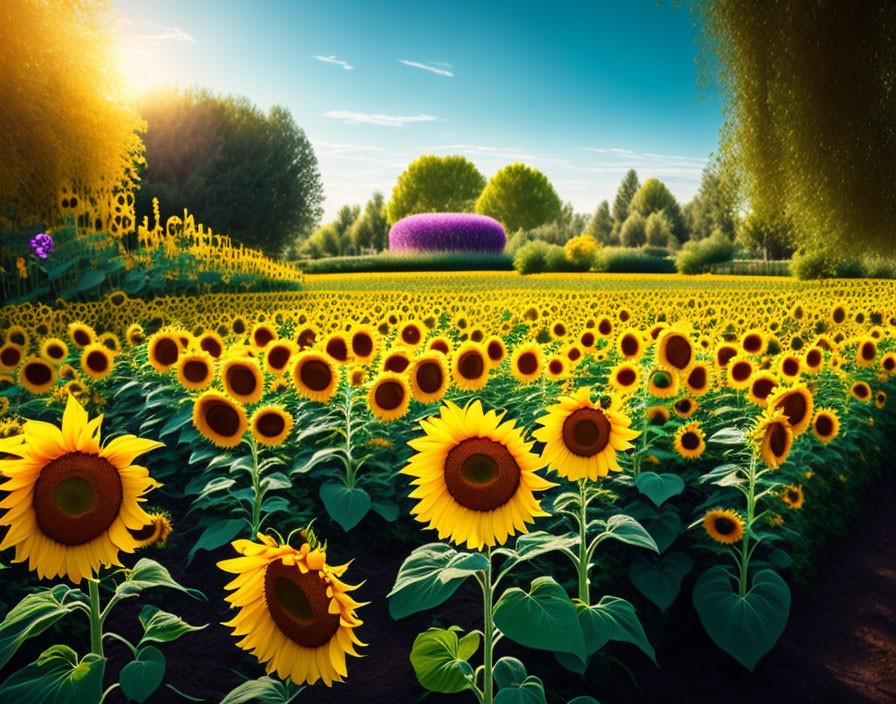 Colorful Sunflower Field Under Clear Blue Sky