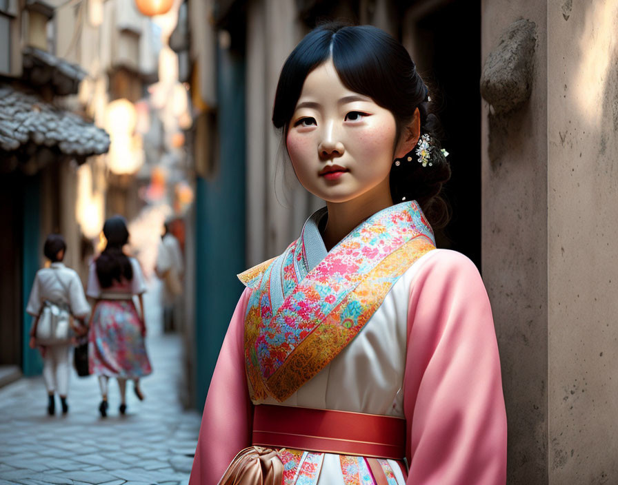 Traditional colorful hanbok worn by woman in narrow alley with pedestrians.