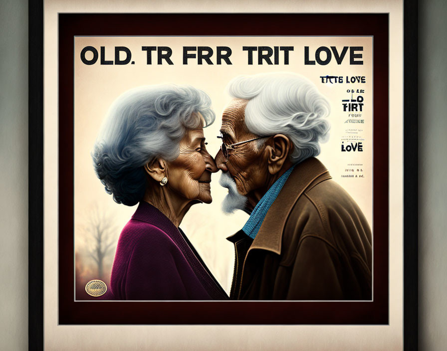 Elderly couple touching noses with heartwarming poster in background