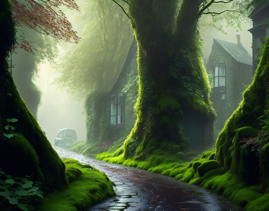 Misty moss-covered lane with old house and lush green trees