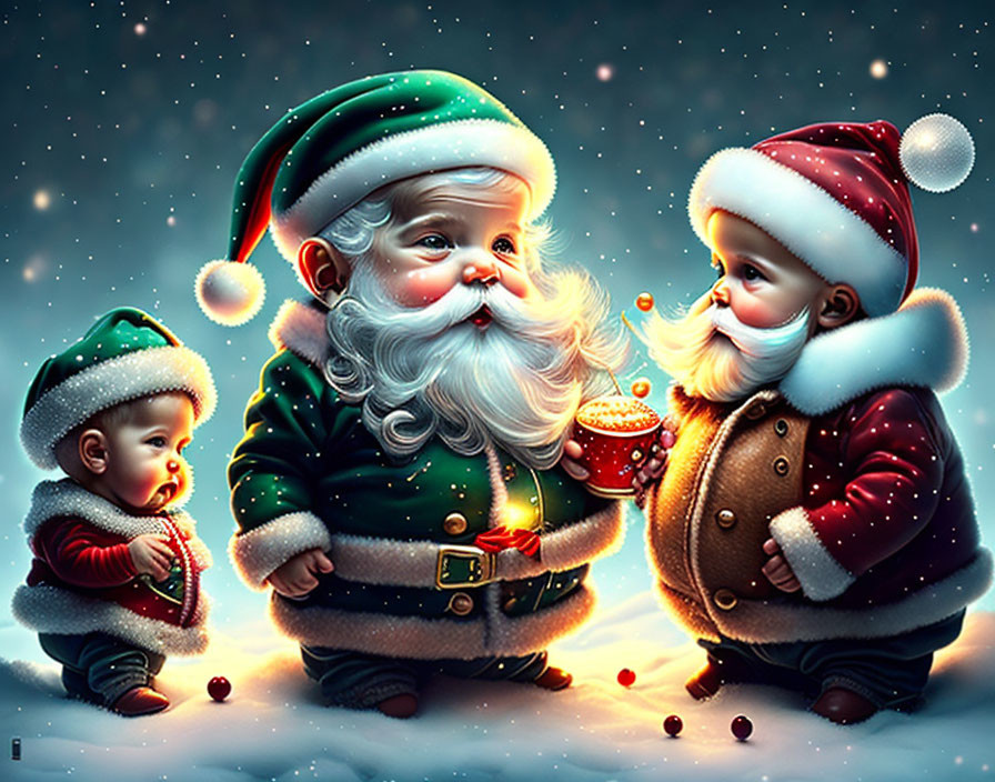 Santa Claus sharing cookie with children in snowy scene