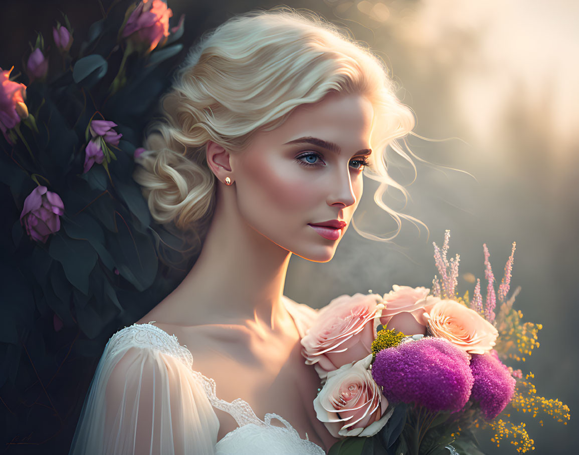 Blonde Woman Holding Bouquet in Soft Golden Light