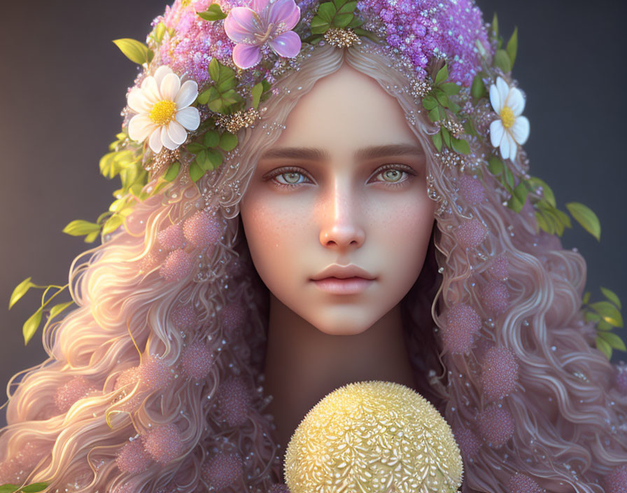 Young woman portrait with curly blonde hair and floral crown in soft pastel tones