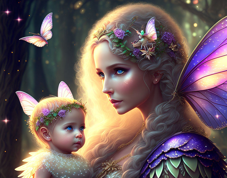 Digital Artwork: Woman and Child with Fairy Wings in Magical Forest