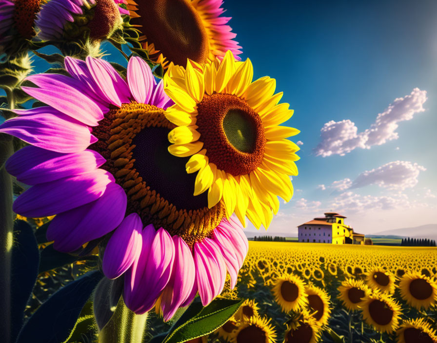 Blooming sunflowers by farmhouse under blue sky