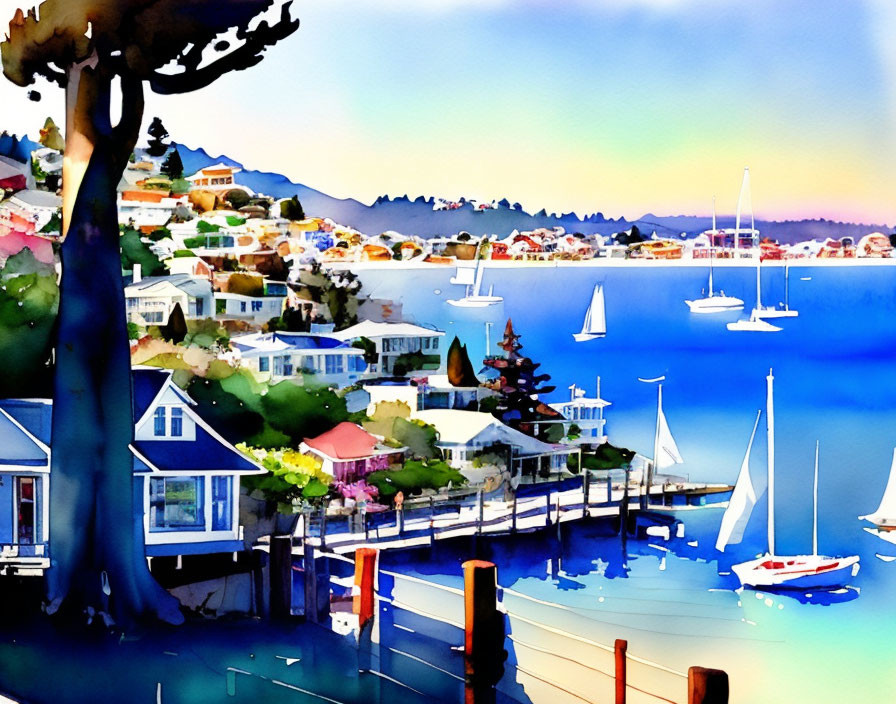 Colorful Watercolor Painting of Coastal Town with Sailboats and Tree