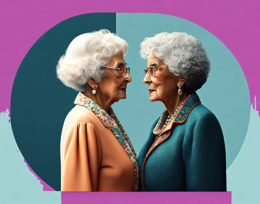 Elderly women with white hair and glasses smiling on teal and purple background