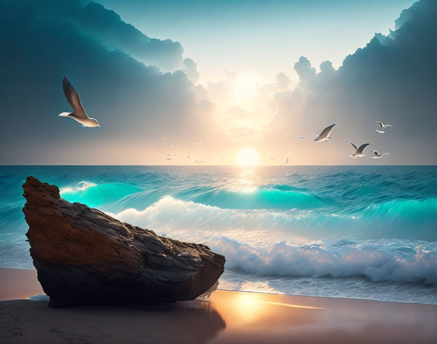 Tranquil beach sunset with rock, turquoise waves, and seagulls