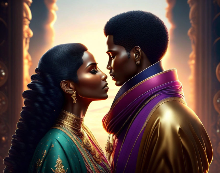 Man and woman in profile touching foreheads on ornate golden background