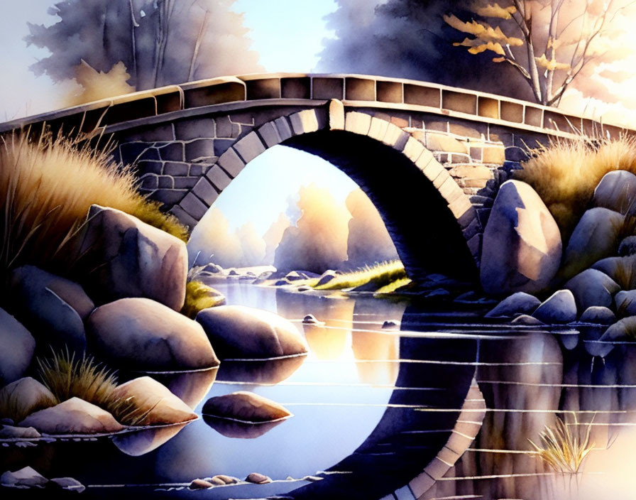 Tranquil watercolor painting: Stone bridge over calm stream