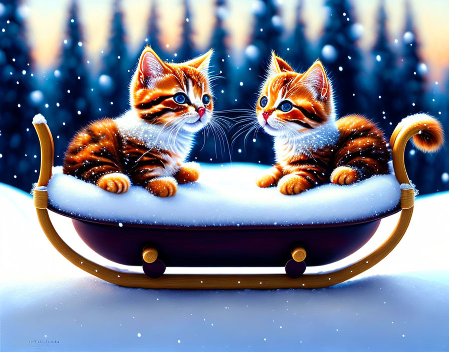 Orange Tabby Kittens on Snow-Covered Sled in Winter Scene