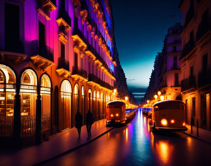 City street at twilight with illuminated buildings, pedestrians, vintage-style trams under blue sky