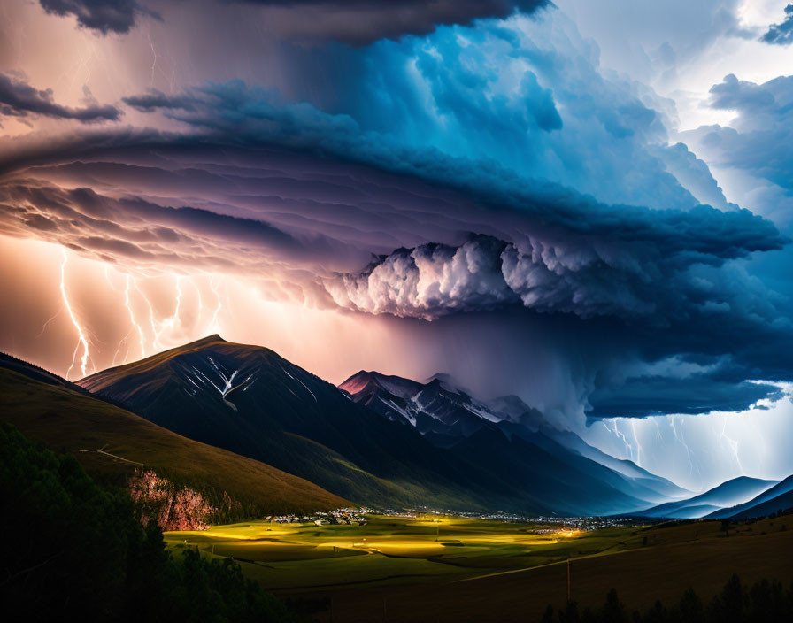 Dramatic lightning storm over mountains with shelf cloud and serene valley