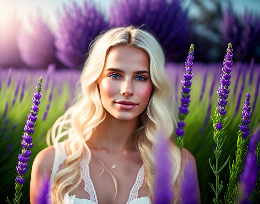 Blonde Woman in White Dress Surrounded by Lavender Flowers