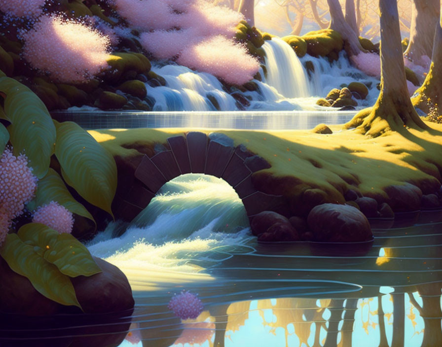 Tranquil landscape with waterfalls, pink trees, and lush greenery