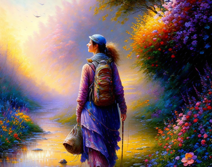 Woman with backpack by riverbank, colorful path to forest.