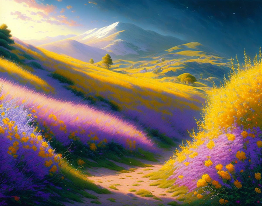 Scenic landscape: trail, yellow & purple flowers, sunlit mountains