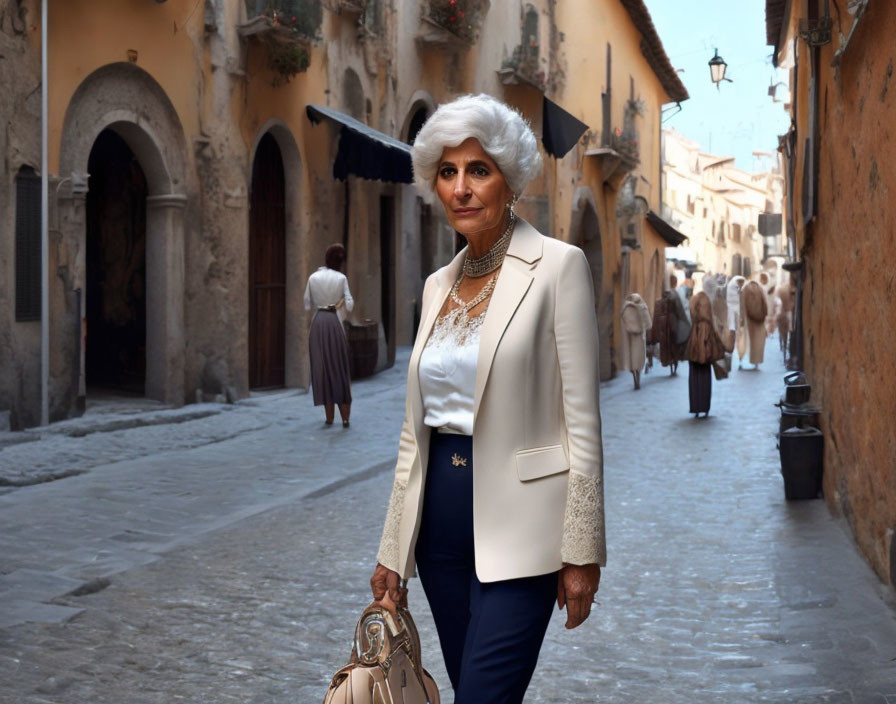 Stylish older woman in cream outfit strolling on European street